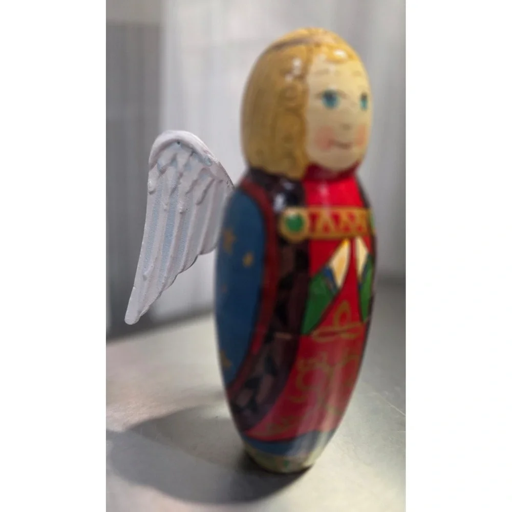 Vintage Russian Hand Painted Wooden Angel Nesting Dolls Matryoshka 3 Piece